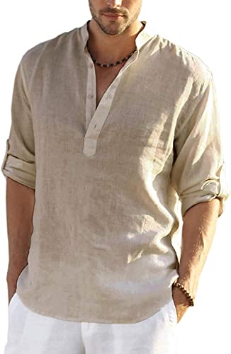 COOFANDY Leinenhemd Hemd Herren Langarm Henley Shirt Herren Baumwolle Sommerhemd Hippie Freizeithemd Casual Regular Fit Khaki XXL von COOFANDY