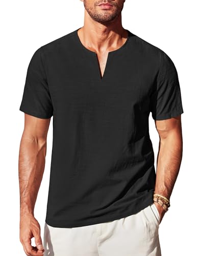 COOFANDY Herren Baumwolle Leinen Henley Shirt Kurzarm Casual Strand T Shirts V Ausschnitt Sommer Leicht Yoga, Schwarz, L von COOFANDY