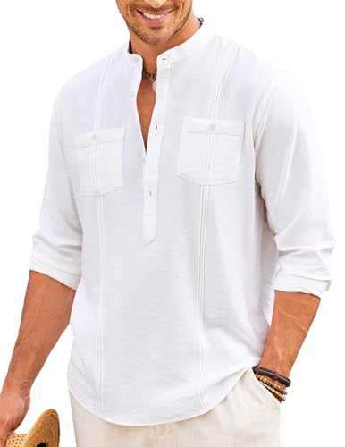 COOFANDY Herren Baumwolle Leinen Henley Shirt Langarm Hippie Casual Strand T-Shirts, Weiss/opulenter Garten, 3X-Groß von COOFANDY