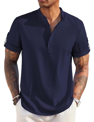 COOFANDY Herren Baumwolle Leinen Henley Shirts Kurzarm Hippie Casual Strand T-Shirt, Marineblau, L von COOFANDY