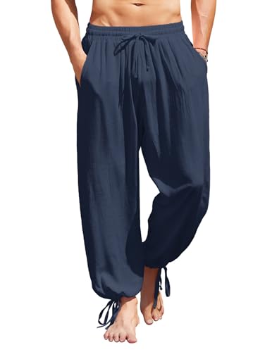 COOFANDY Herren Baumwolle Leinen Hose Causal Drawstring Elastic Waist Haremshose Leichte Bloomer Hose Lose Yogahose, Marineblau, XXL von COOFANDY