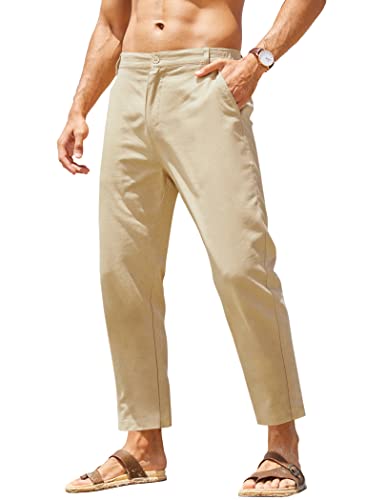 COOFANDY Herren Baumwolle Leinen Hose Elastische Taille Leichte Freizeithose Slim Fit Yoga Strandhose mit Taschen, 02 - Light Khaki, Mittel von COOFANDY