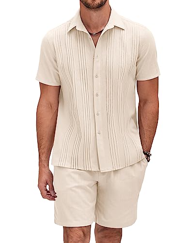 COOFANDY Herren Baumwolle Leinen Sets Kurzarm Falten Guayabera Anzüge 2 Stück Button Down Hemd und Shorts Strand Outfits, Khaki (Baumwollstoff, Leinenstruktur), XXX-Large von COOFANDY