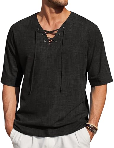 COOFANDY Herren Baumwolle Leinen Shirts Schnürung Kurzarm Strandshirts V Ausschnitt Hippie Yoga Boho Renaissance Tunika, Schwarz, XL von COOFANDY