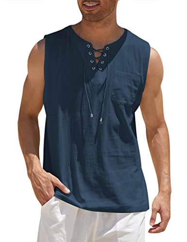 COOFANDY Herren-Tanktop aus Baumwollleinen, lässig, ärmellos, Schnürung, Strand, Hippie, Oberteil, Bohemian-Renaissance-Piratentunika, Blau, Klein von COOFANDY