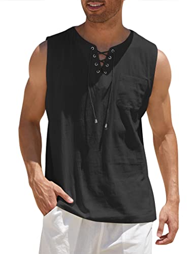 COOFANDY Herren Baumwolle Leinen Tank Top Shirts Casual Ärmellos Lace Up Strand Hippie Tops Bohemian Renaissance Piraten Tunika, Schwarz, Klein von COOFANDY