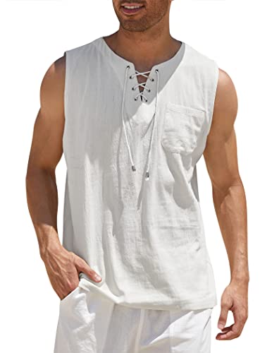 COOFANDY Herren Baumwolle Leinen Tank Top Shirts Casual Ärmellos Lace Up Strand Hippie Tops Bohemian Renaissance Piraten Tunika, Weiss/opulenter Garten, Klein von COOFANDY