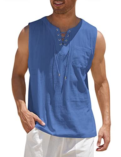 COOFANDY Herren Baumwolle Leinen Tank Top Shirts Casual Ärmellos Schnürung Strand Hippie Tops Bohemian Renaissance Pirat Tunika, Königsblau, 3X-Groß von COOFANDY