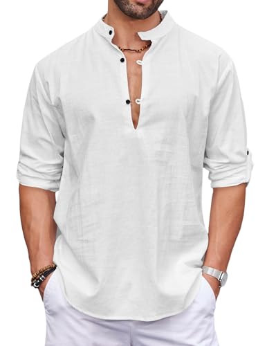 COOFANDY Herren Baumwolle Leinenhemd Langarm Casual Sommerhemd Strand Henley Shirt Weiß XL von COOFANDY