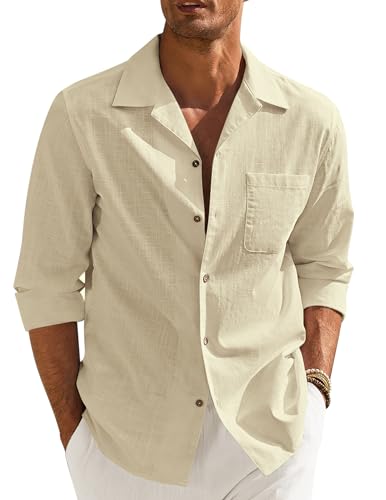 COOFANDY Herren Langarm Sommer Hawaii Hemd Männer Baumwolle Leinenhemd Mit Tasche Regular Fit Freizeithemd Businesshemd Strand Hawaiihemd Hellkhaki L von COOFANDY