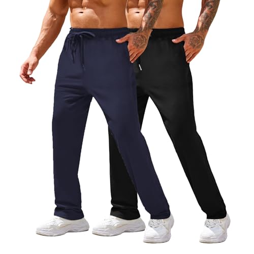 COOFANDY Herren Baumwolle Sweatpants Open Bottom Lounge Pants Leichte Casual Jogger Hose mit Taschen, 2er-Pack: Schwarz/Marineblau, X-Groß von COOFANDY