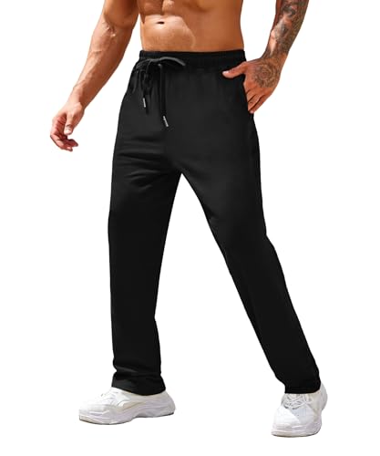 COOFANDY Herren Baumwolle Sweatpants Open Bottom Lounge Pants Leichte Casual Jogger Hose mit Taschen, Schwarz, Mittel von COOFANDY