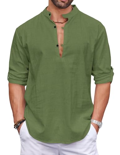 COOFANDY Herren Baumwollhemd Langarm Sommerhemd Regular Fit Freizeithemd Strand Henley Shirts Armeegrün L von COOFANDY