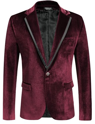 COOFANDY Herren-Blazer aus Samt, schmale Passform, einfarbig, Ein-Knopf-Blazer, Smoking, für Abschlussball, Hochzeit, Party, Abendessen, Burgunder, L von COOFANDY