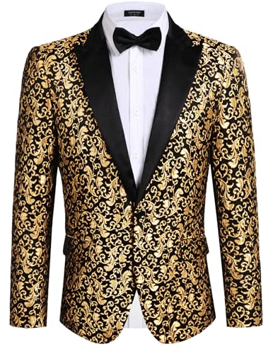 COOFANDY Herren-Blazer mit Blumenmuster, Abendessen, Party, Abschlussball, Hochzeit, stilvoller Smoking, 1 – Goldgelb., M von COOFANDY