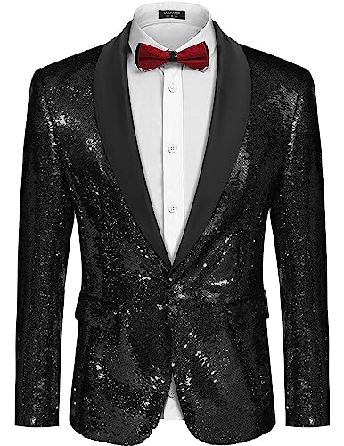 COOFANDY Herren-Blazer mit Pailletten, glänzend, für Partys, Abendessen, Abschlussball, Ein-Knopf-Anzugjacke, Black, 3XL von COOFANDY