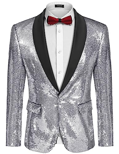 COOFANDY Herren-Blazer mit glänzenden Pailletten, Smoking, Party, Abendessen, Abschlussball, Ein-Knopf-Anzugjacke, silber, L von COOFANDY