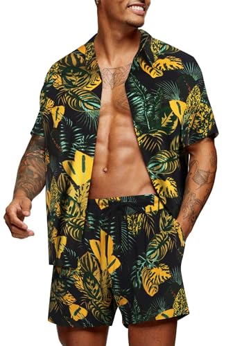 COOFANDY Herren Hawaii Hemd Set Regular Fit Kurzarm Herrenhemden Freizeithemd Casual Muster PAT1 XXL von COOFANDY