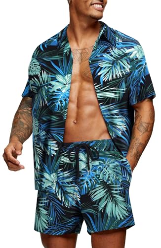 COOFANDY Herren Blumenhemd Kurzarm Strandhemd und Shorts Aloha Hemd Set,Blau Grün,XL von COOFANDY