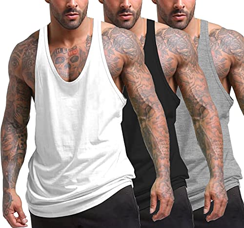 COOFANDY Herren Bodybuilding Gym Tank Tops 3er Pack Stringer Workout T-Shirts Ärmellos Sleeveless Schwarz/Weiß/Grau XXL von COOFANDY