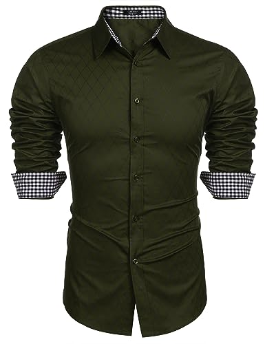 COOFANDY Herren Business Kleid Hemd Langarm Slim Fit Casual Button Down Hemd, Grün (Army Green), L von COOFANDY