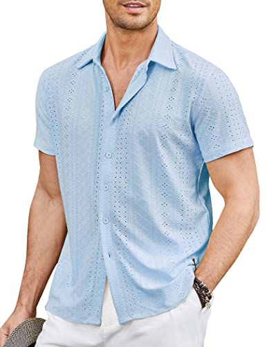 COOFANDY Herren Button Down Beach Shirt Kurzarm Casual Urlaub Shirts Sommer Tropische Shirts Tops, Hell, blau, L von COOFANDY