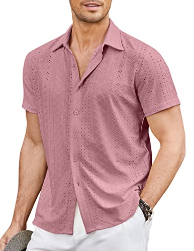 COOFANDY Herren Button Down Strandhemd Kurzarm Freizeit Urlaub Shirts Sommer Tropische Hemden Tops, Dusty Rose, L von COOFANDY