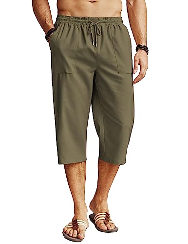 COOFANDY Herren-Caprihose aus Leinen, lässig, leicht, 3/4-Hose, Kordelzug, elastische Taille, Strand, Yogahose mit Taschen, Grün (Army Green), Groß von COOFANDY