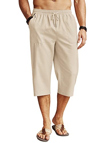 COOFANDY Herren-Caprihose aus Leinen, leger, leicht, 3/4-Hose, Kordelzug, elastische Taille, Strand, Yogahose mit Taschen, Beige, XXL von COOFANDY