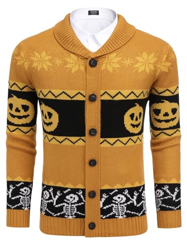 COOFANDY Herren Cardigan Weihnachten Pullover Christmas V Ausschnitt Strick Bequem Warmer Winter Männer Strickjacke Pullover Kürbisfarbe L von COOFANDY