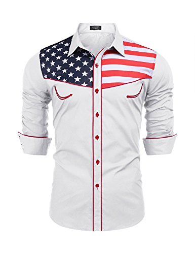 COOFANDY Herren Casual American Flag Button-Down-Hemden Slim Fit Langarm-Shirt XX-Large Weiß von COOFANDY