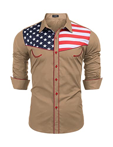 COOFANDY Herren Casual American Flag Button Down Shirts Slim Fit Langarm Shirt, Helles Hellbraun, XL von COOFANDY