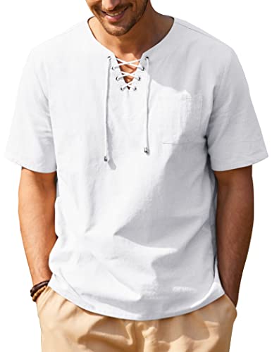 COOFANDY Herren Casual Baumwolle Leinen T Shirt Kurzarm Strand Lace Up Hippie Shirt, Kurzarm-weiß, 4X-Groß von COOFANDY