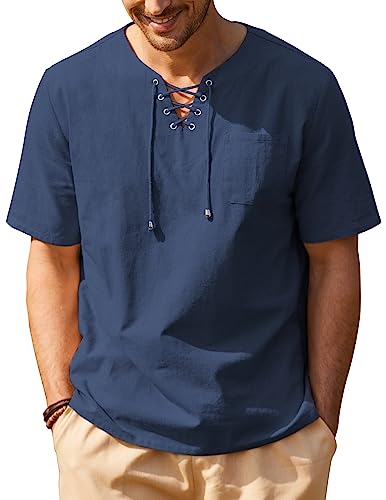 COOFANDY Lässiges Herren-T-Shirt aus Baumwoll-Leinen, kurzärmelig, Strand-Schnürung, Hippie-Shirt, Yoga, Renaissance-Tunika, Kurze Ärmel, Marineblau, XL von COOFANDY