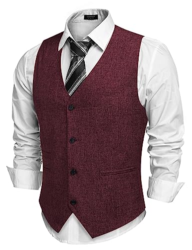 COOFANDY Herren Casual Business Westen Leichte Weste Slim Fit Anzugweste, Burgunder, Medium von COOFANDY