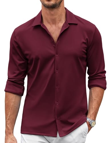COOFANDY Herren Casual Button Down Hemd Faltenfreie Hemden Langarm Kleid Hemd, Dunkelrot, XX-Large von COOFANDY