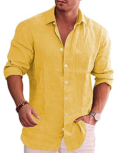 Coofandy langärmliges Herrenfreizeithemd aus Leinen-Chambray mit Knöpfen, Klein von COOFANDY