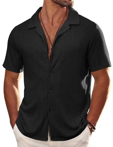 COOFANDY Herren Casual Button Down Shirts Kurzarm Strick Poloshirts für Männer Casual Beach Shirt, Schwarz, L von COOFANDY