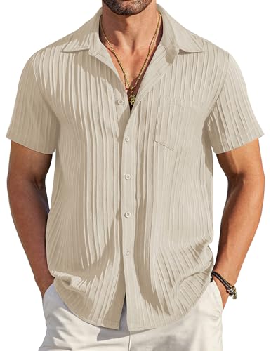 COOFANDY Herren Casual Button Down Shirts Kurzarm Strukturiertes Leinen Sommer Strand Hemd mit Tasche, Beige, 3X-Groß von COOFANDY