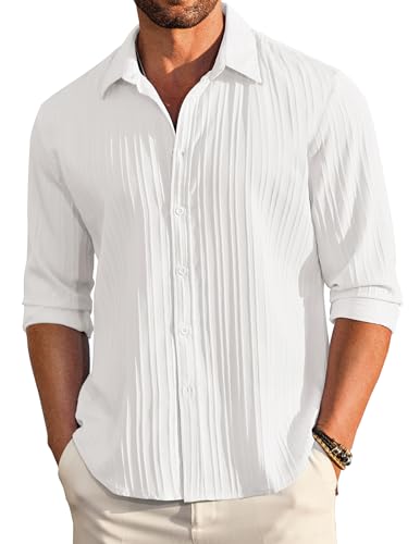 COOFANDY Herren Casual Button Down Shirts Langarm Leinenhemd Mode Strukturiert Strand Sommer Hemd, Weiss/opulenter Garten, L von COOFANDY