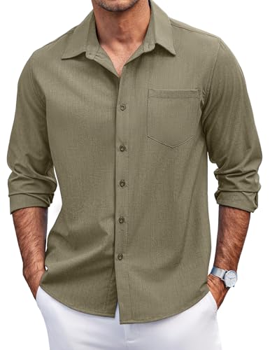 COOFANDY Herren Casual Button Down Shirts Langarm Untucked Shirts Regular Fit Leinenhemd, Grün (Army Green), L von COOFANDY