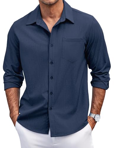 COOFANDY Herren Casual Button Down Shirts Langarm Untucked Shirts Regular Fit Leinenhemd, Marineblau, XX-Large von COOFANDY