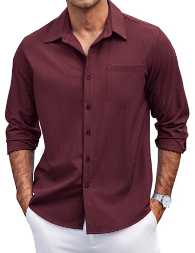COOFANDY Herren Casual Button Down Shirts Langarm Untucked Shirts Regular Fit Leinenhemd, Rot/Ausflug, einfarbig (Getaway Solids), L von COOFANDY