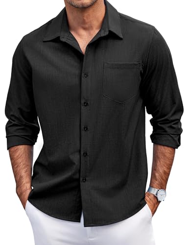 COOFANDY Herren Casual Button Down Shirts Langarm Untucked Shirts Regular Fit Leinenhemd, Schwarz, XL von COOFANDY