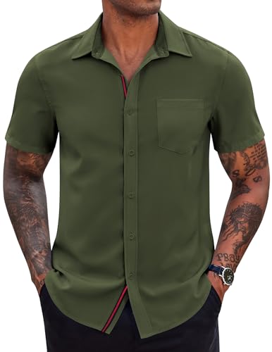 COOFANDY Herren Casual Button Down Shirts Stretch Kurzarm Business Kleid Hemd mit Tasche, Grün (Army Green), 3X-Groß von COOFANDY