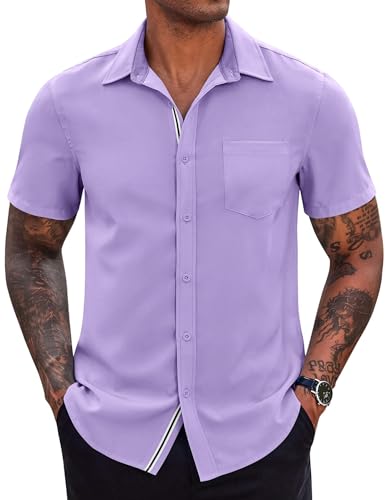 COOFANDY Herren Casual Button Down Shirts Stretch Kurzarm Business Kleid Hemd mit Tasche, Helles Violett, L von COOFANDY