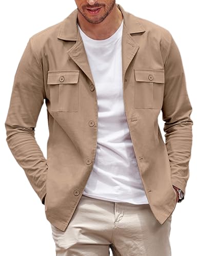 COOFANDY Herren Casual Hemdjacke Langarm Knopfleiste Overshirt Leichte Jacke mit Taschen, Dunkles Khaki, M von COOFANDY