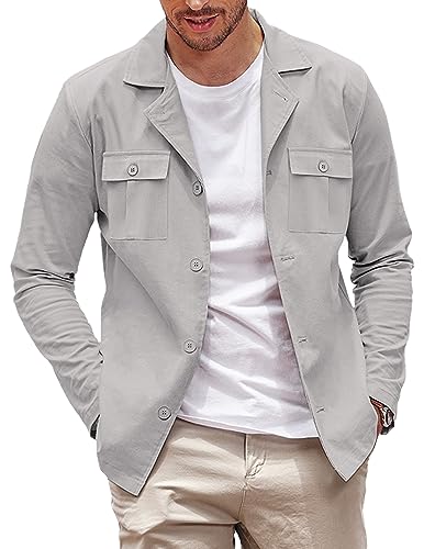 COOFANDY Herren Casual Hemdjacke Langarm Knopfleiste Overshirt Leichte Jacke mit Taschen, Hellgrau, M von COOFANDY