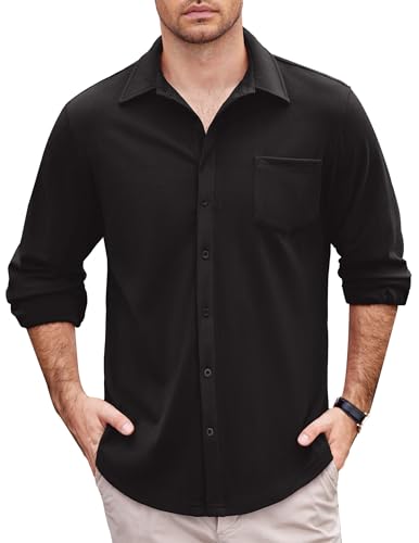 COOFANDY Herren-Langarmhemd, Knopfleiste, Freizeithemden für Herren, knitterfrei, mit Tasche, Schwarz, XL von COOFANDY