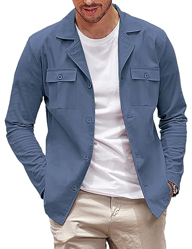COOFANDY Herren Casual Hemdjacke Langarm Knopfleiste Overshirt Leichte Jacke mit Taschen, Blau, XL von COOFANDY